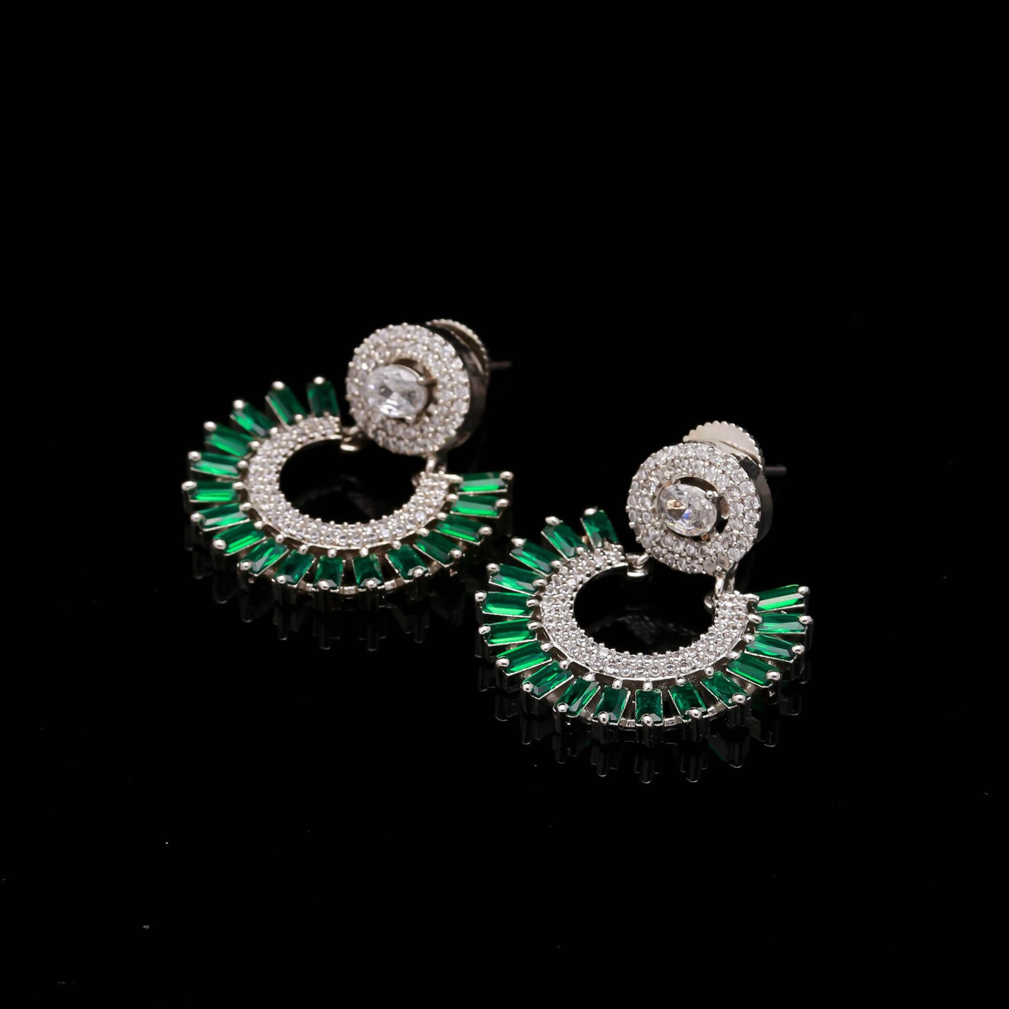 Green Stone & American Diamond Circular Earrings | Silver-Plated Party Wear Jhumka for Women & Girls